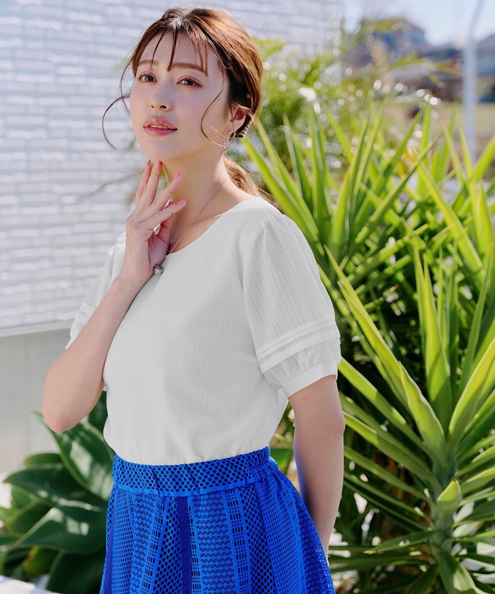 Tiaclasse L 【洗える】シアーチェック柄パフスリーブブラウス 