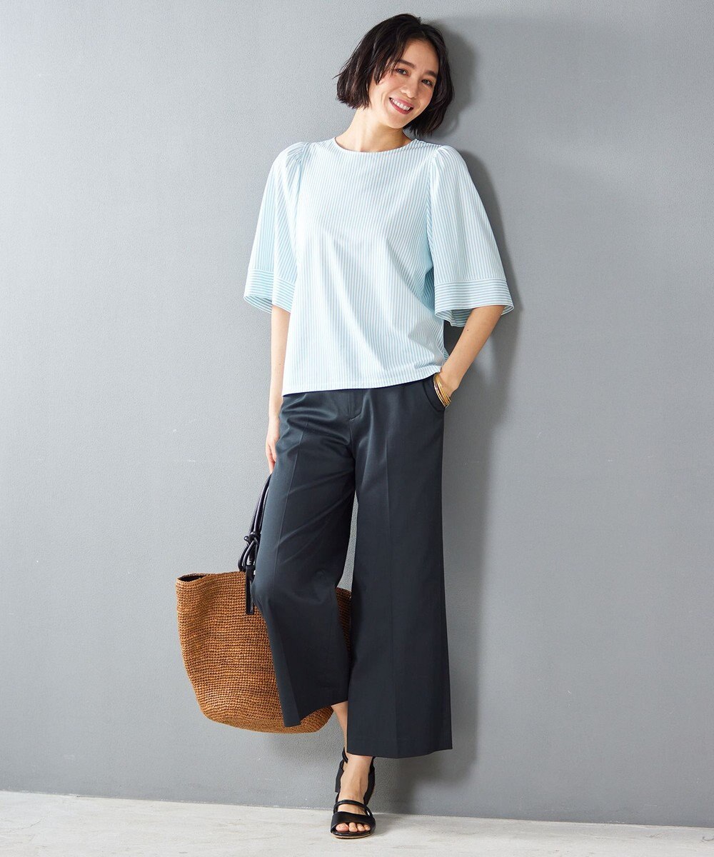 自由区 L 【接触冷感・洗える】コットンサテンストレッチクロップド丈ワイド パンツ 