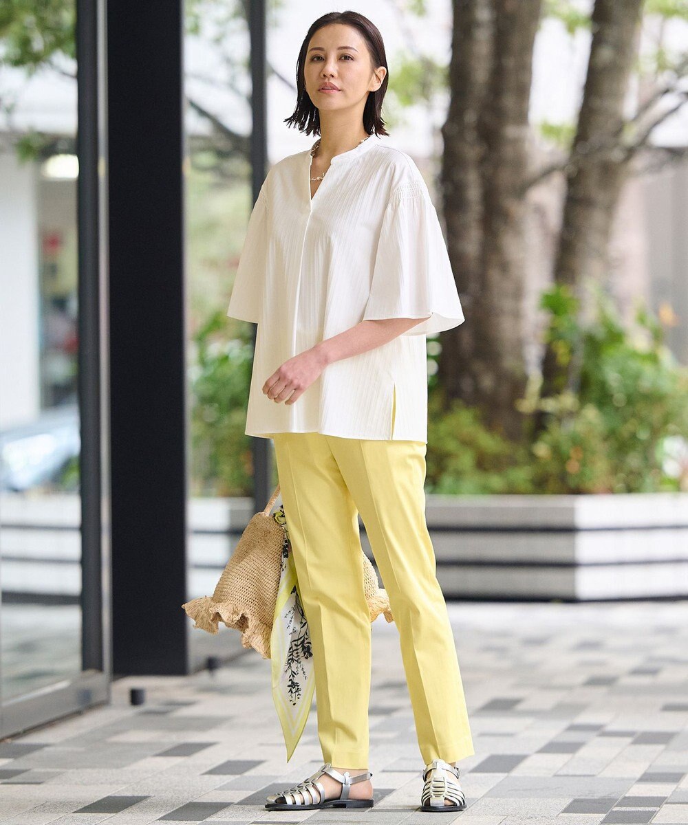 自由区 L 【洗える】ストレッチシャーティング 5分袖 フレアスリーブブラウス 