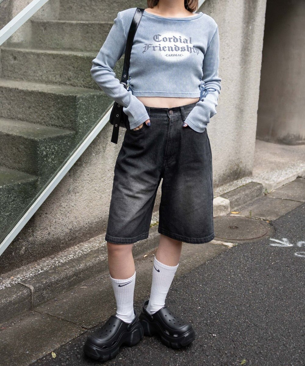 WEGO ヴィンテージウォッシュレースアップロンT 