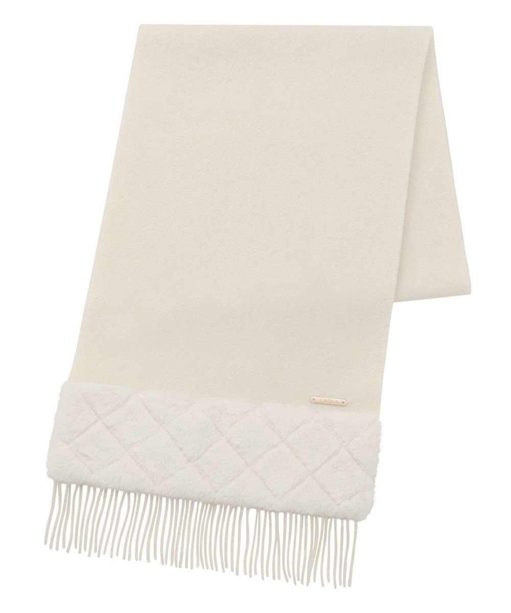 MOONBAT 【WEB限定】フルラ (FURLA)エコファー付きマフラー 無地×キルト風 ウールマフラー ロゴプレート付き 