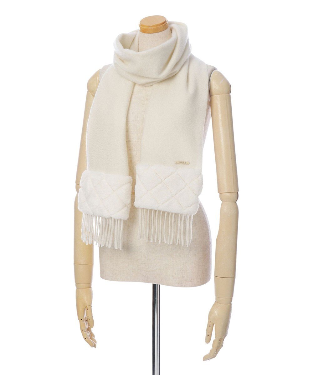 MOONBAT 【WEB限定】フルラ (FURLA)エコファー付きマフラー 無地×キルト風 ウールマフラー ロゴプレート付き 