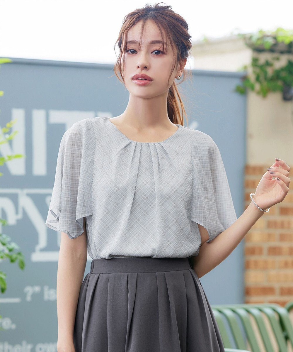 Tiaclasse 【洗える】チェック柄ハンカチスリーブブラウス 