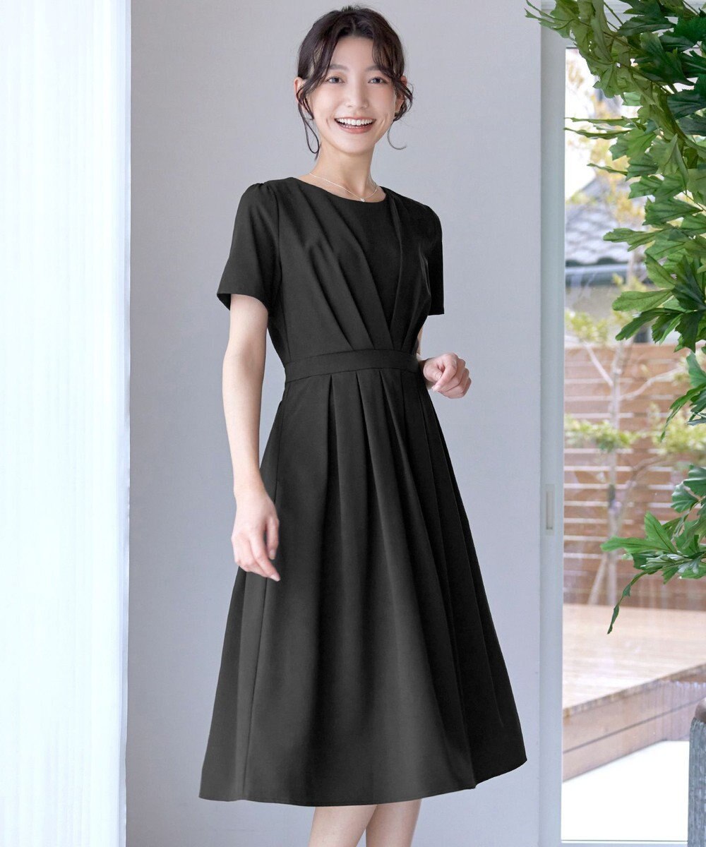 Tiaclasse L 【2TYPEスリーブ/半袖・ノースリーブ・洗える】タックフレアワンピース 