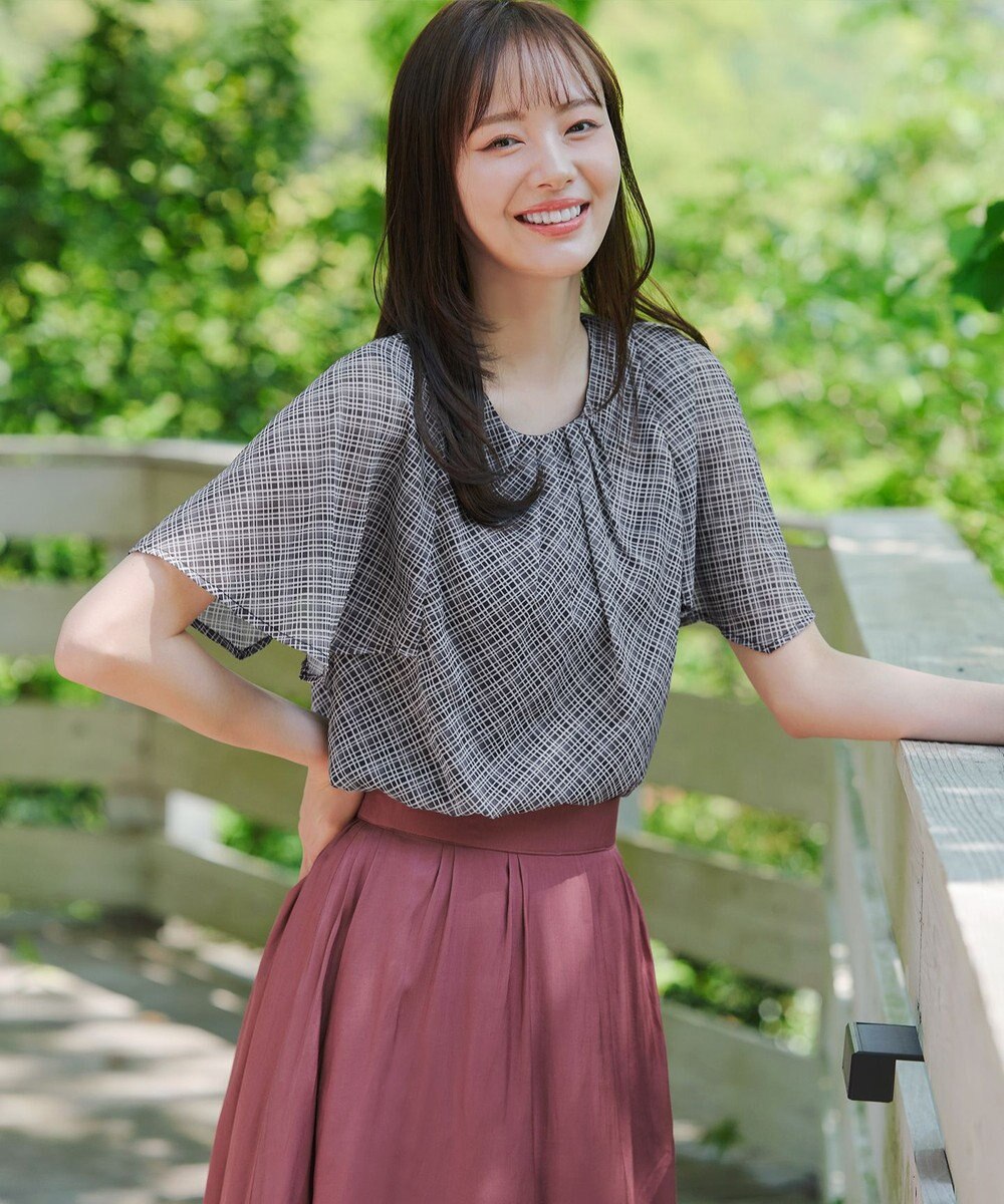 Tiaclasse 【洗える】チェック柄ハンカチスリーブブラウス 