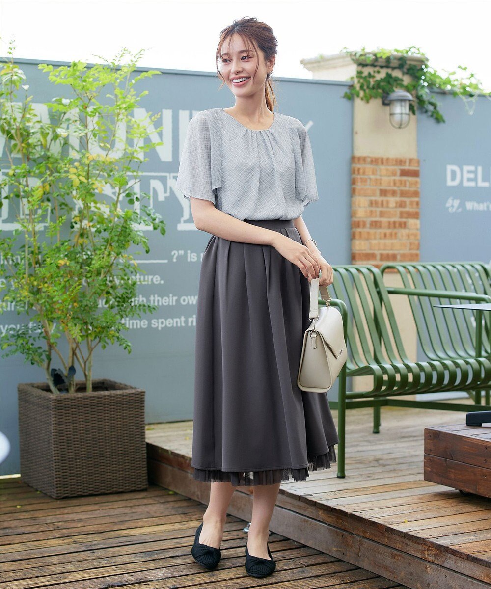 Tiaclasse 【洗える】チェック柄ハンカチスリーブブラウス 