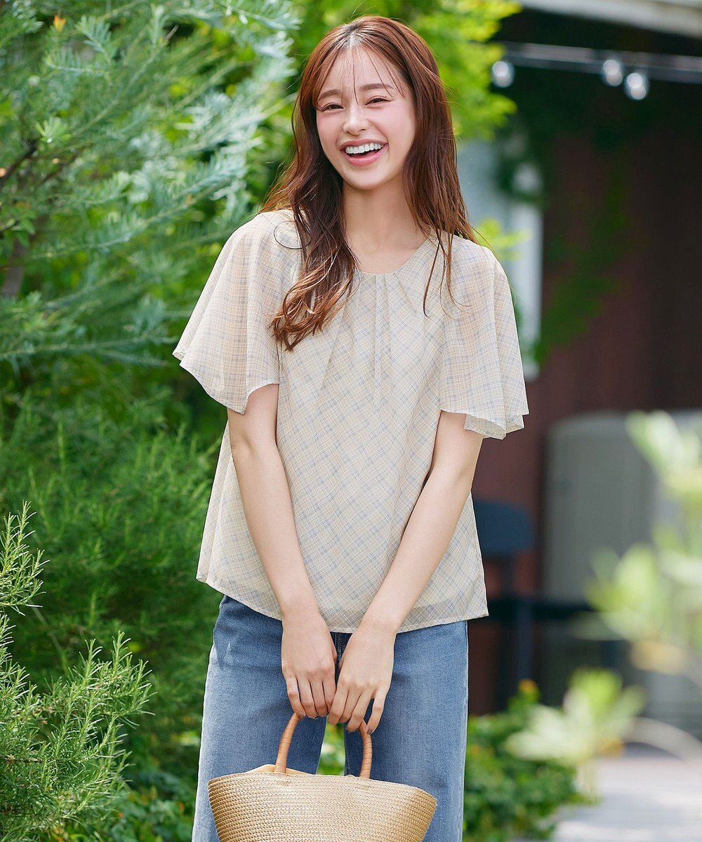 Tiaclasse 【洗える】チェック柄ハンカチスリーブブラウス 