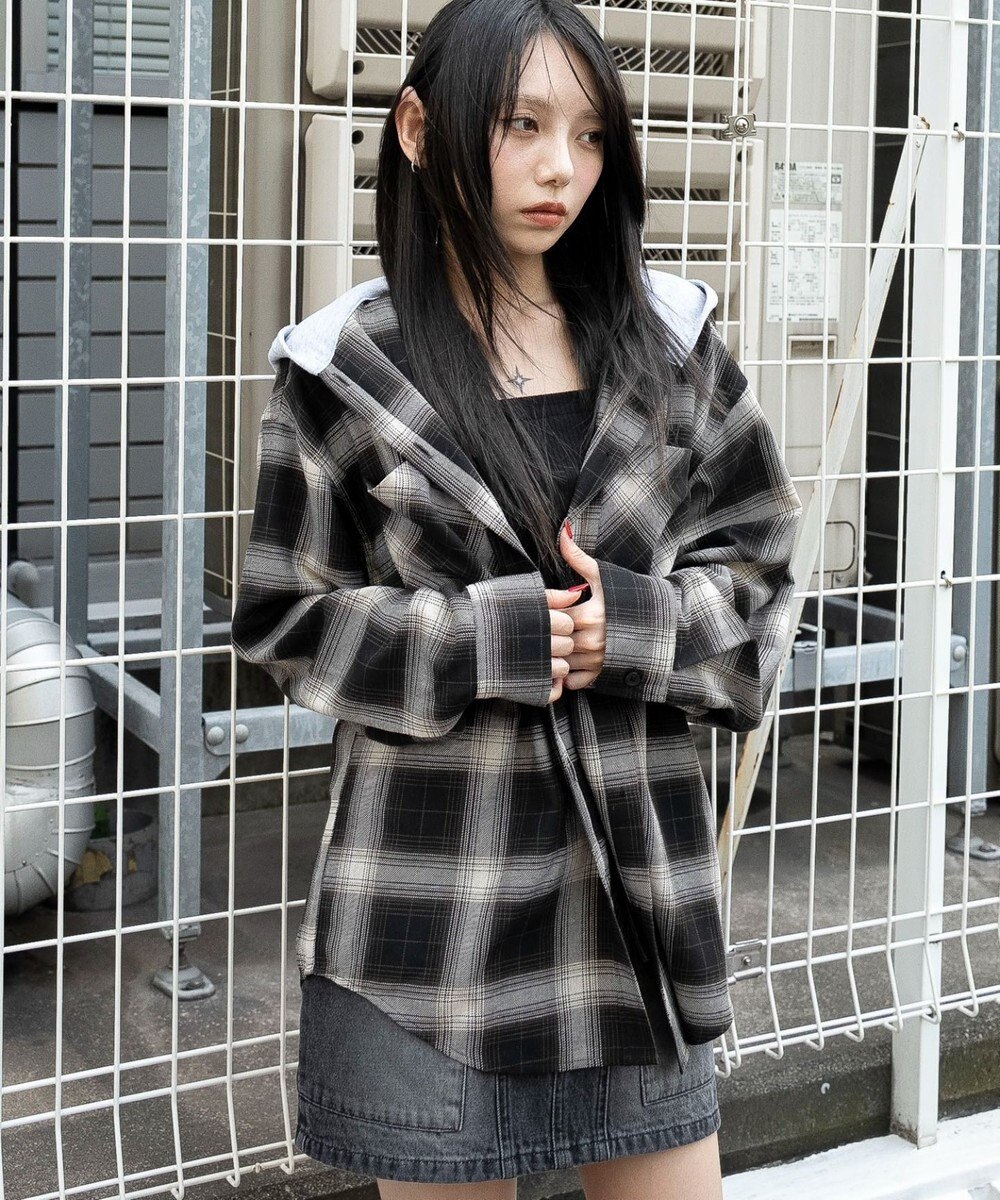 WEGO 裏毛フードチェックシャツ 