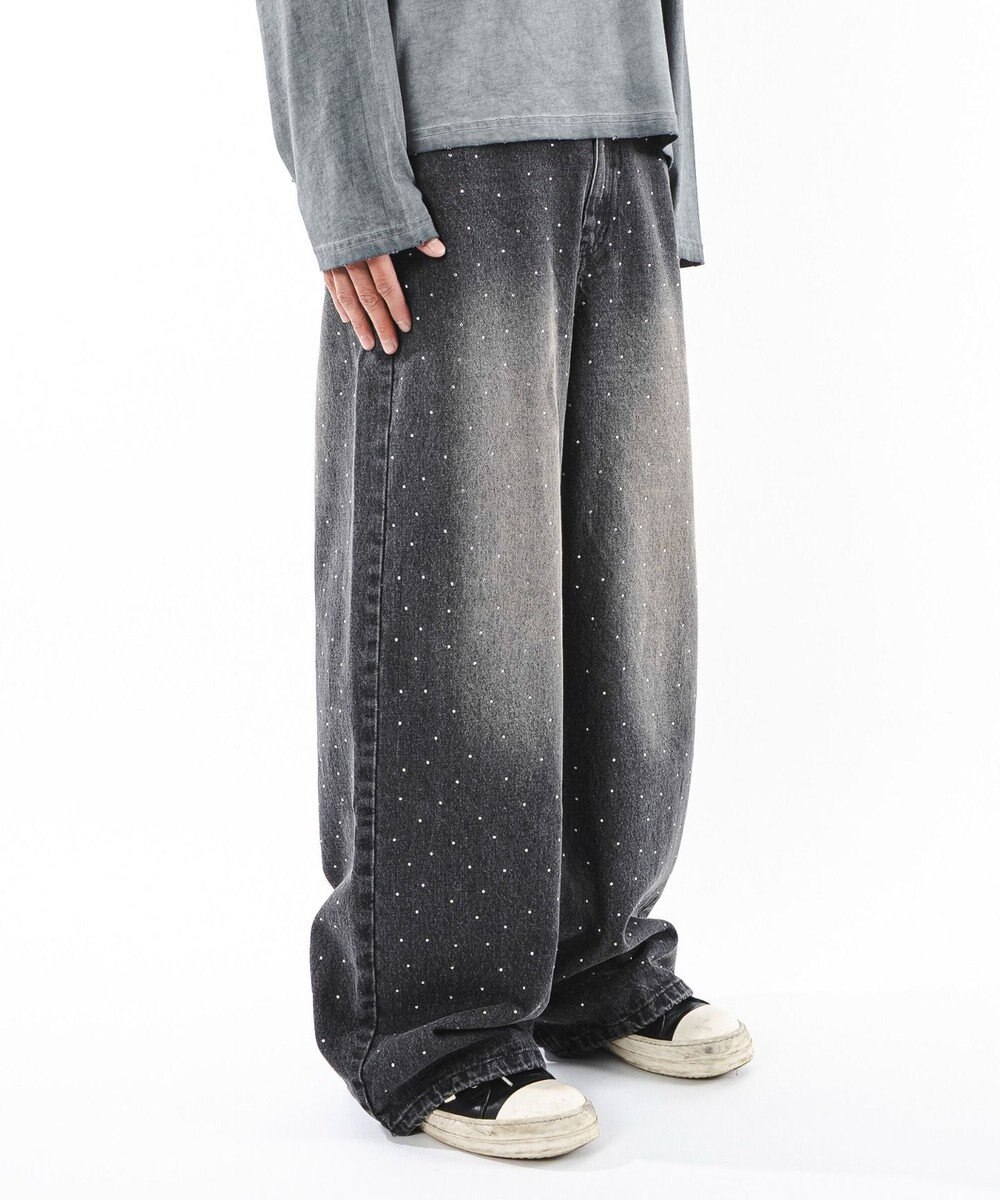 WEGO 【ユニセックス着用ITEM】スーパーバギーラインストーンデニムパンツ 