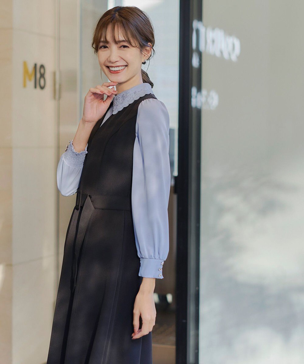 Tiaclasse L 【洗える】襟刺繍ピンタックブラウス 