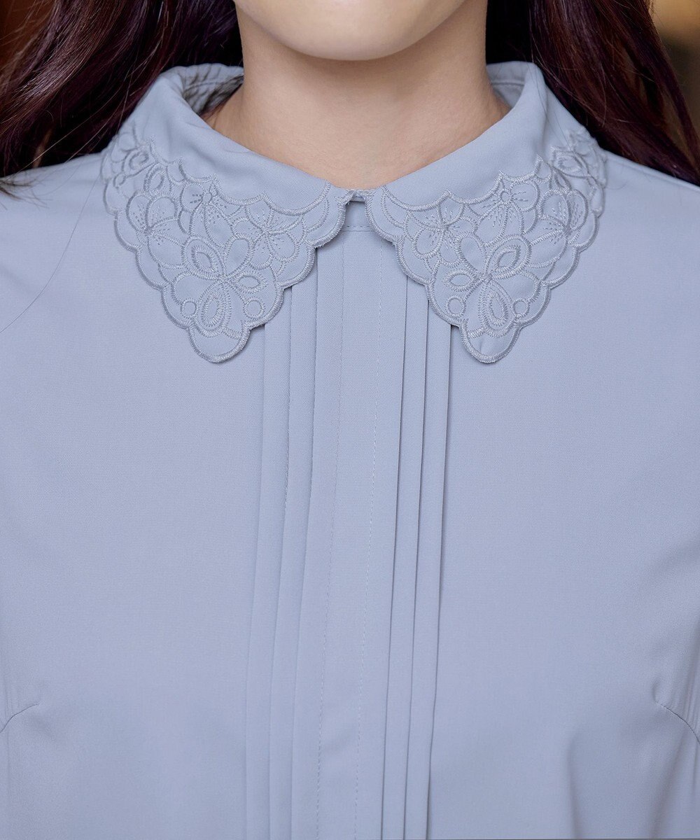 Tiaclasse L 【洗える】襟刺繍ピンタックブラウス 