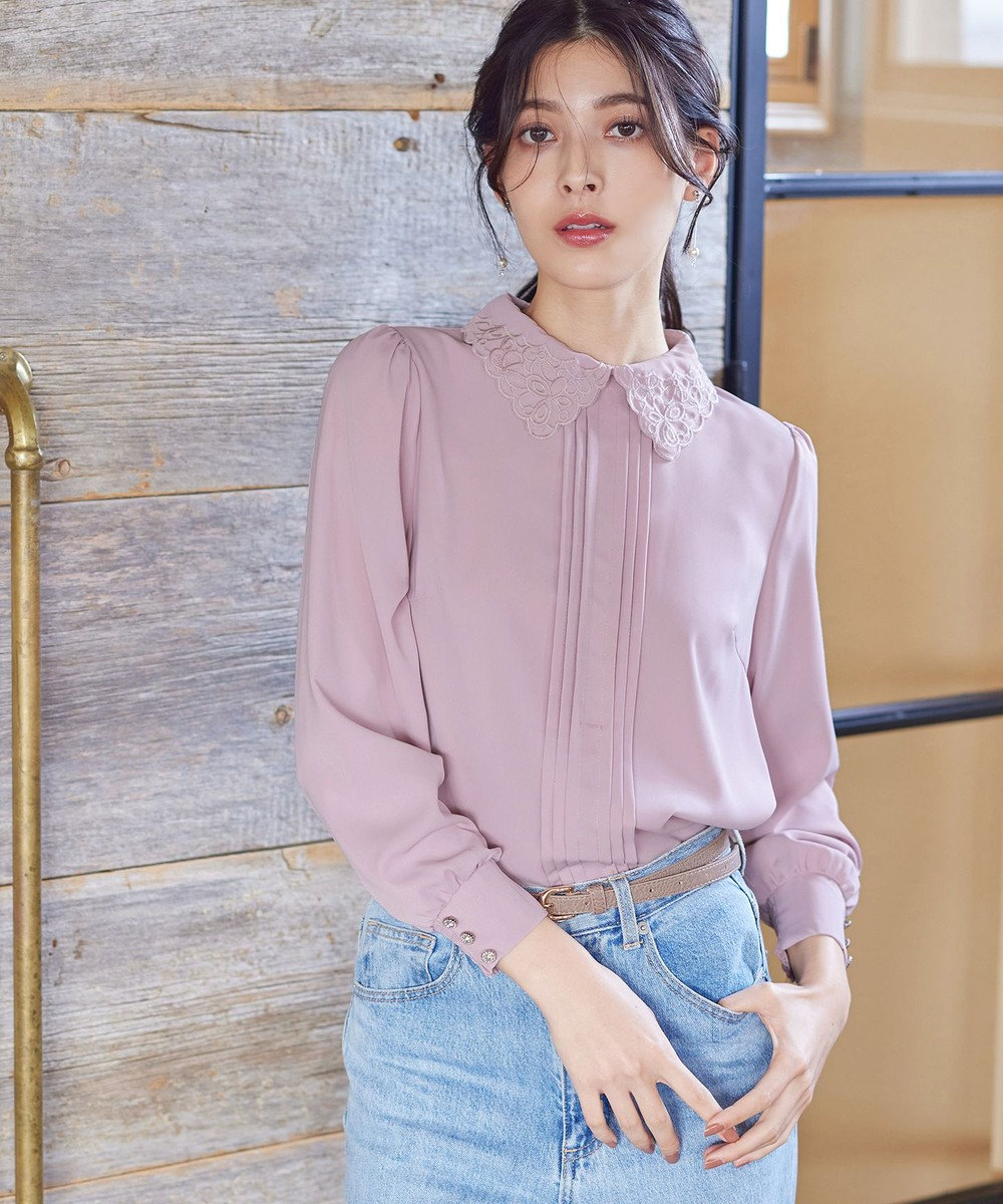 Tiaclasse L 【洗える】襟刺繍ピンタックブラウス 