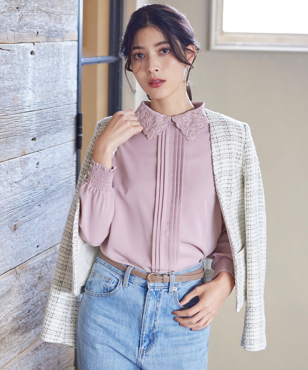 Tiaclasse L 【洗える】襟刺繍ピンタックブラウス 