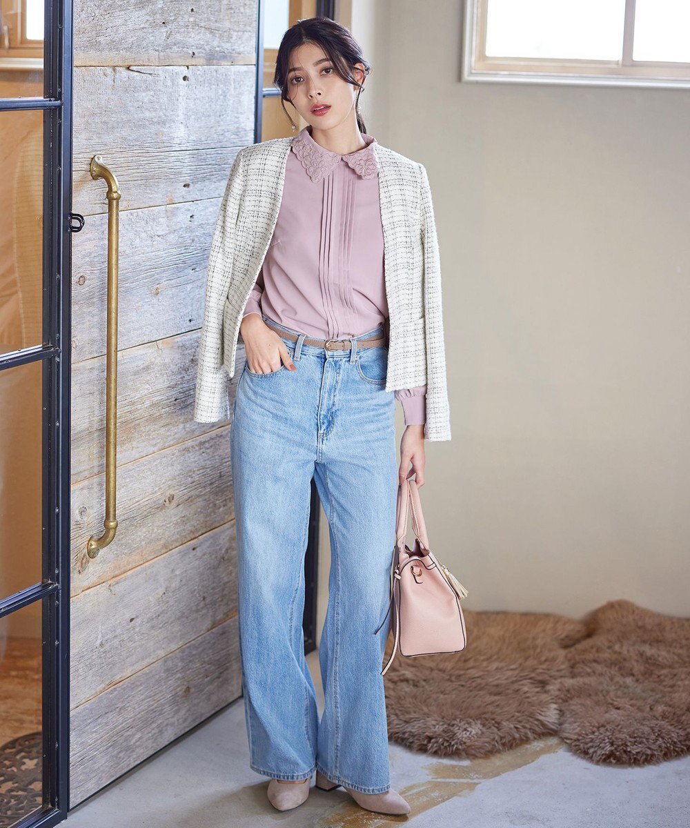 Tiaclasse L 【洗える】襟刺繍ピンタックブラウス 