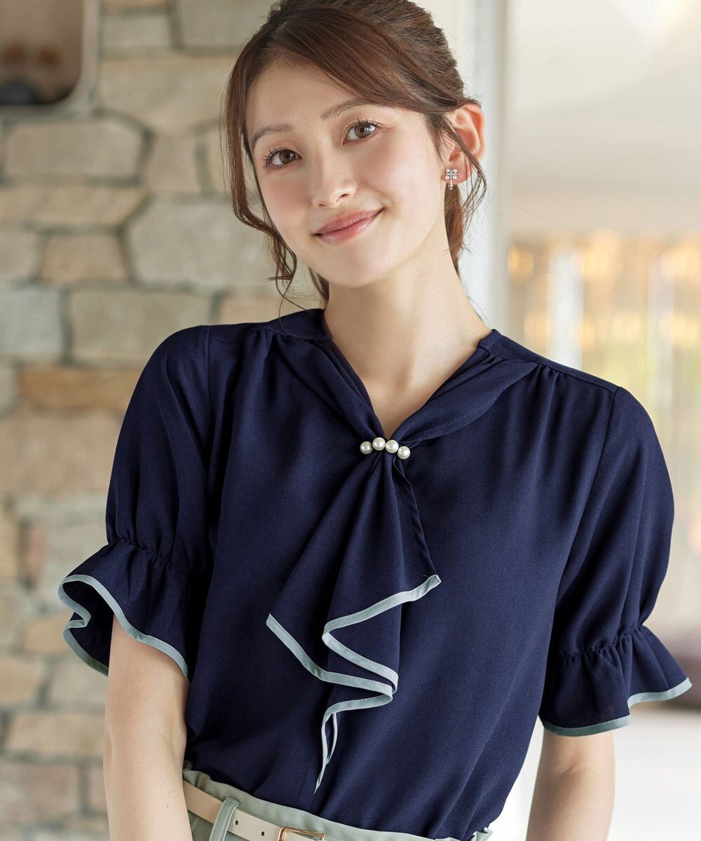 Tiaclasse L 配色パイピングボウタイブラウス 