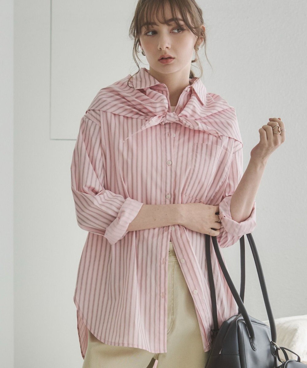 WEGO 【ANGIE VINTAGE】スカーフ付きオーバーサイズストライプシャツ 