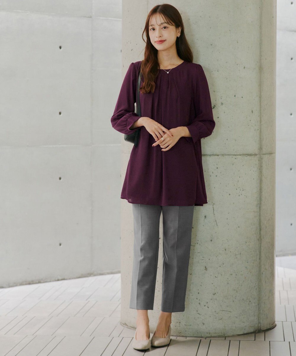 Tiaclasse 【新色追加・洗える】裏起毛ジョーゼット胸元タックチュニックブラウス 