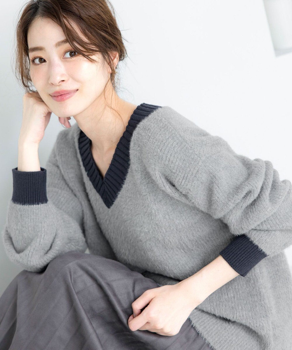 Tiaclasse L 【洗える】表情豊かなメランジニットVネックトップス 