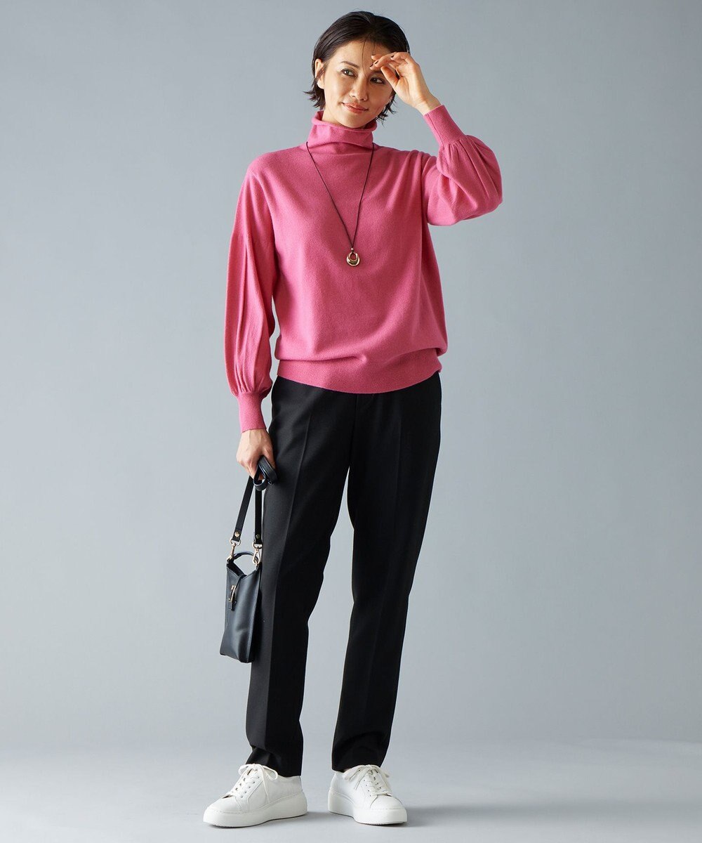 自由区 【洗える】ソフトウールハイゲージパフスリーブハイネック ニット 