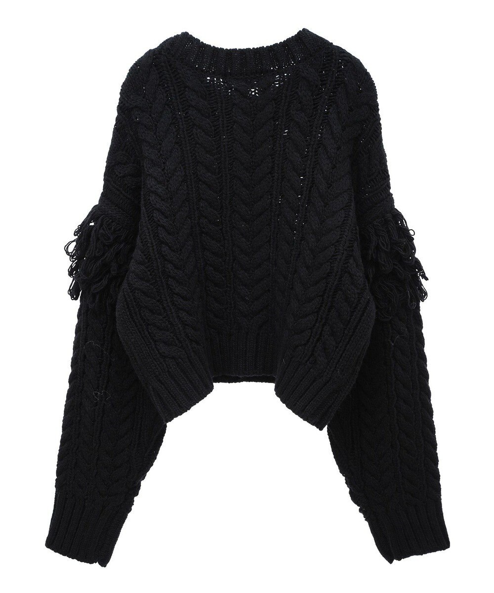 Green Parks フリンジスリーブショート丈ケーブルニット 