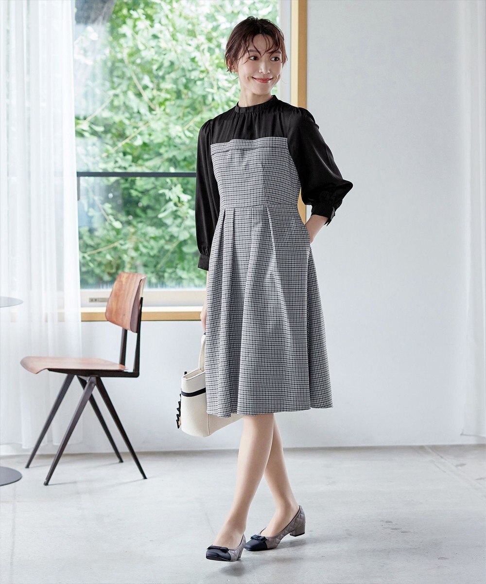Tiaclasse 【洗える】ビスチェ風ツイードチェックドッキングワンピース 