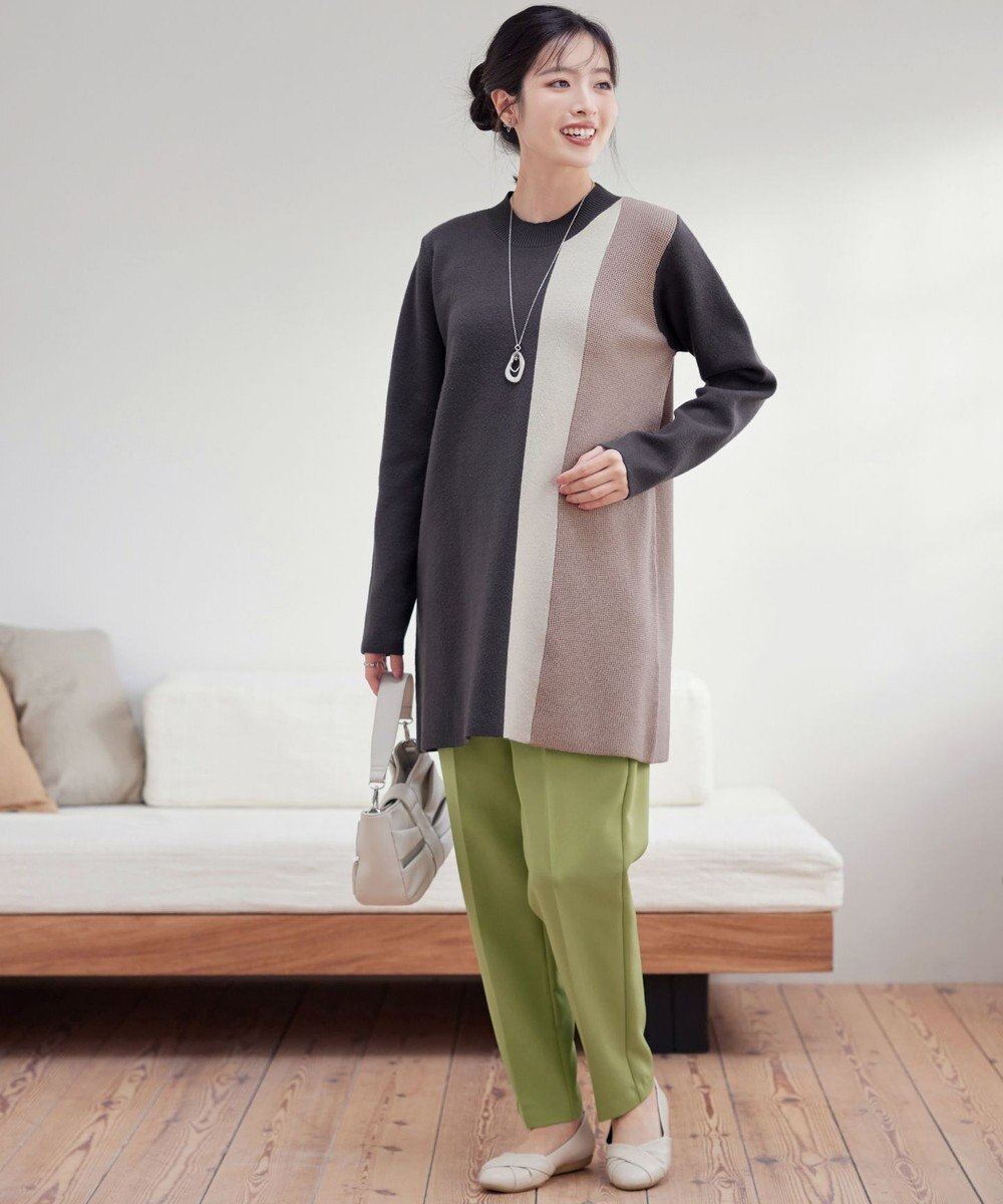 Tiaclasse 配色ワッフル切替ニットチュニック 