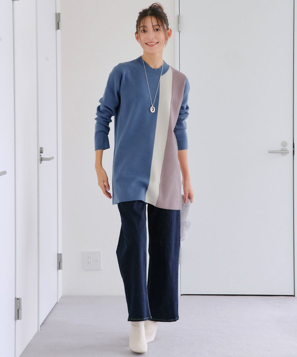 Tiaclasse 配色ワッフル切替ニットチュニック 