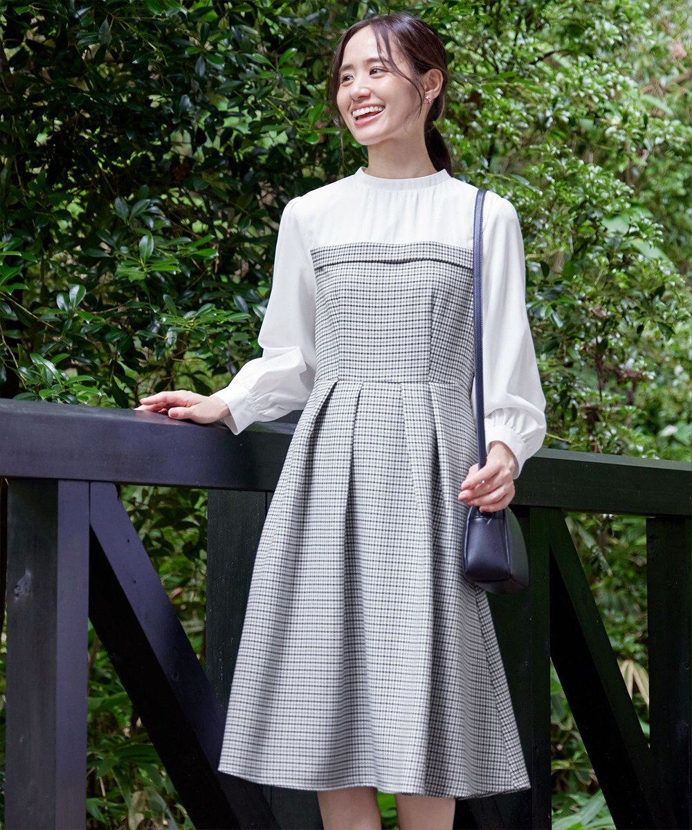Tiaclasse 【洗える】ビスチェ風ツイードチェックドッキングワンピース 