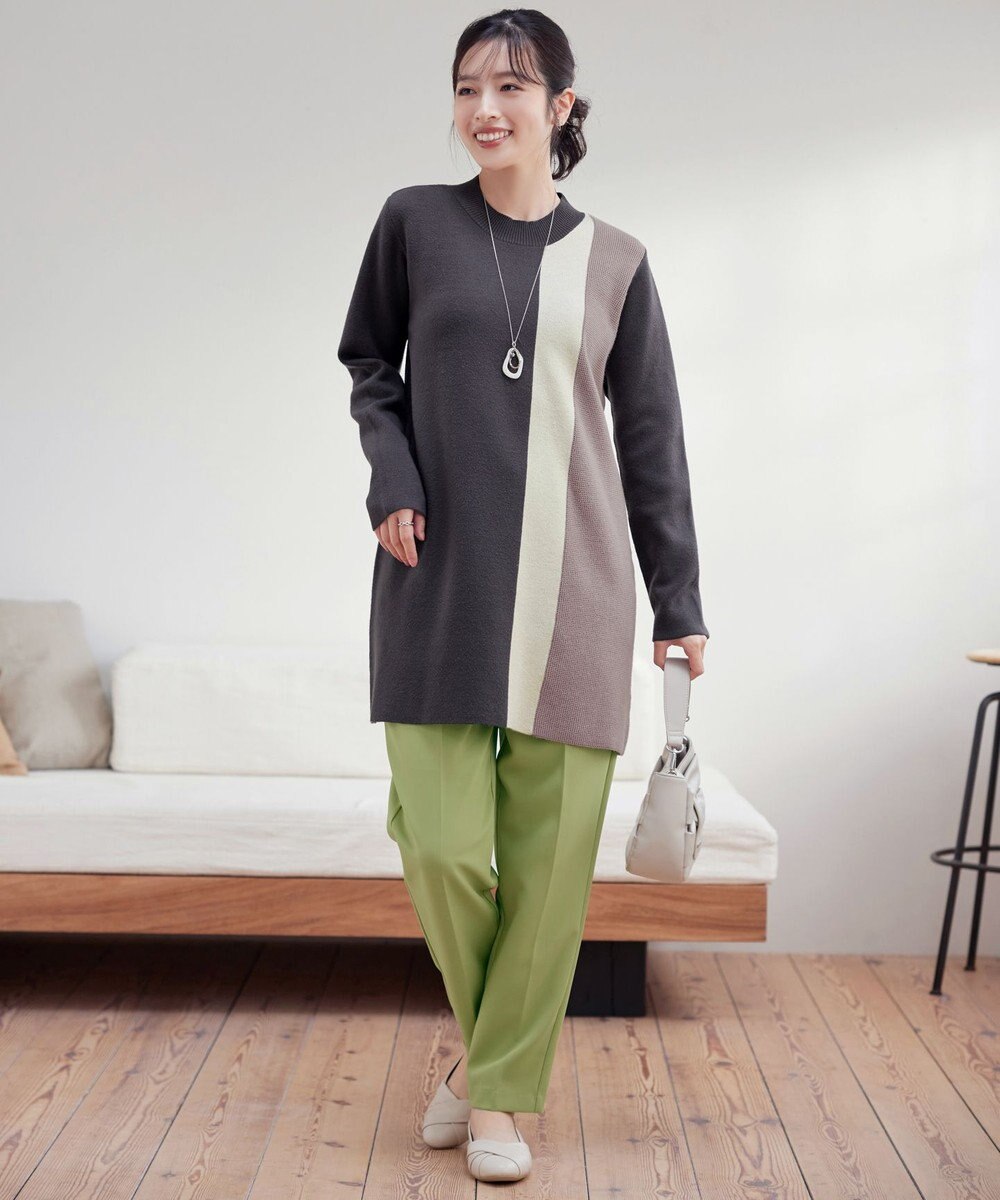 Tiaclasse 配色ワッフル切替ニットチュニック 