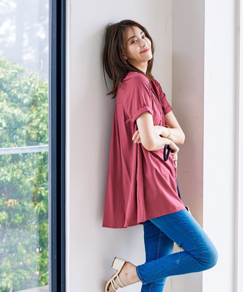 Tiaclasse 【洗える】バックギャザーフレアチュニックブラウス 