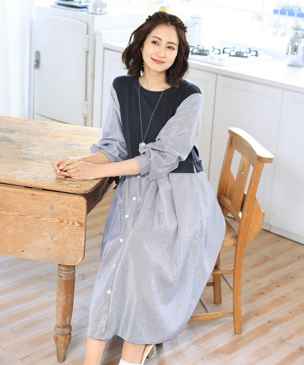 Tiaclasse L 【洗える】一枚でコーデが決まるニットソーレイヤード風ワンピ 