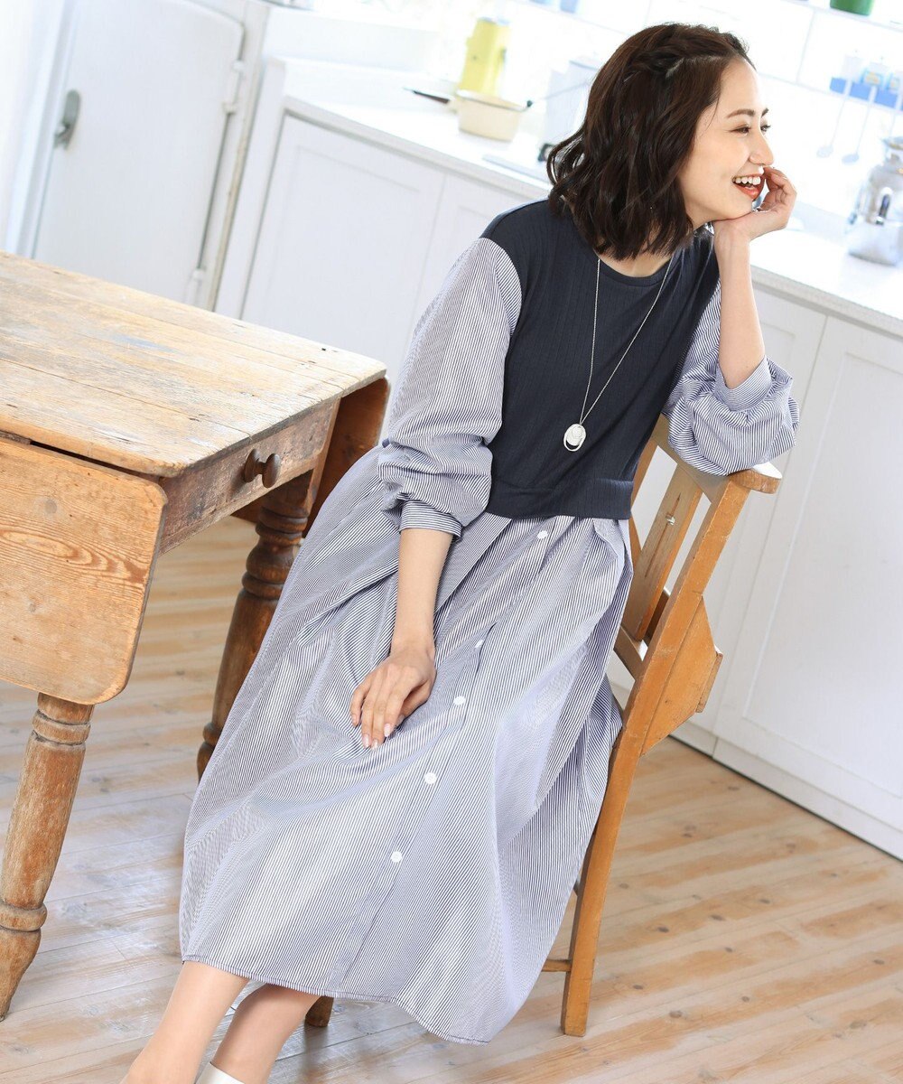 Tiaclasse L 【洗える】一枚でコーデが決まるニットソーレイヤード風ワンピ 