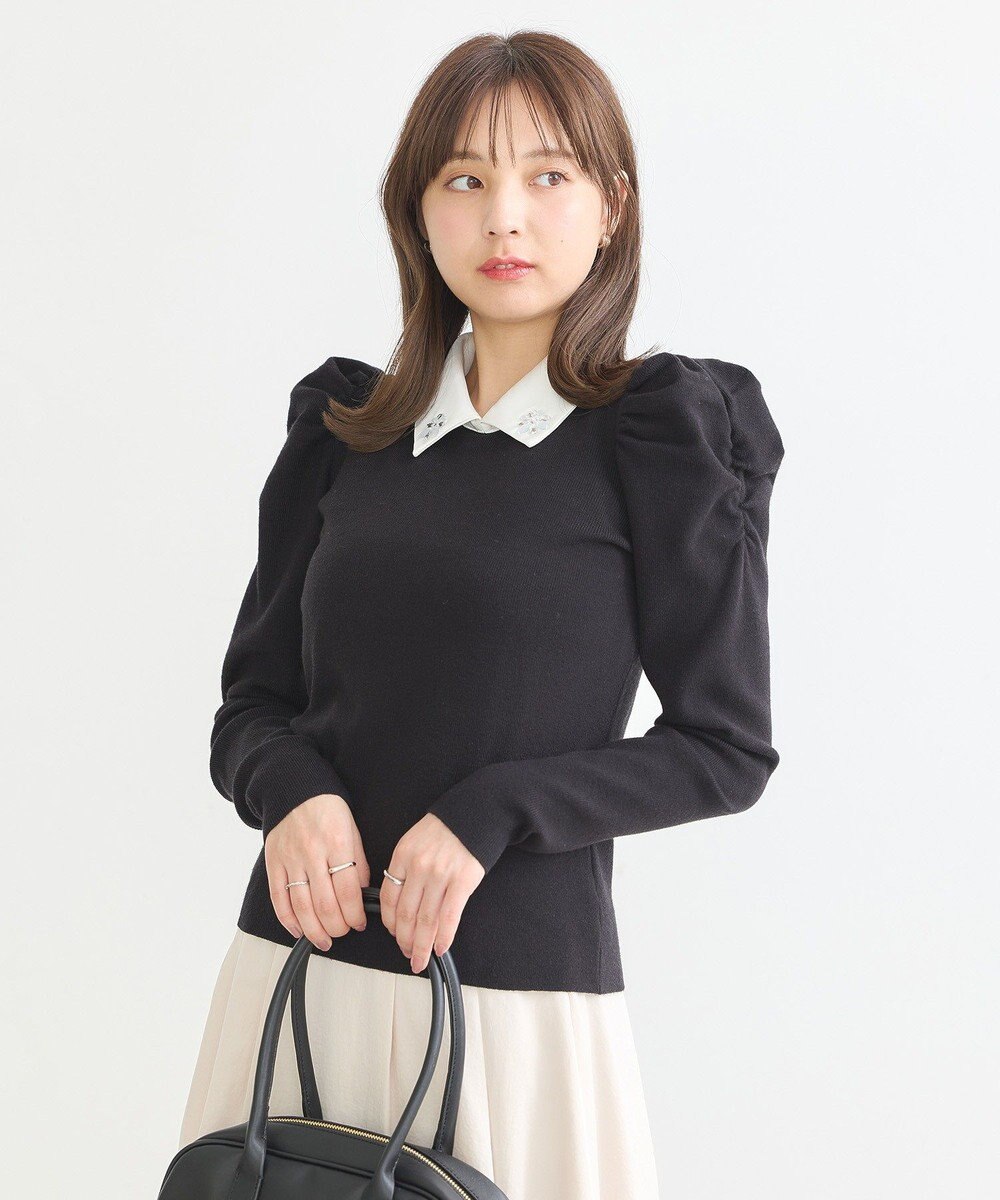 earth music&ecology 襟ビジュー付きニットプルオーバー 