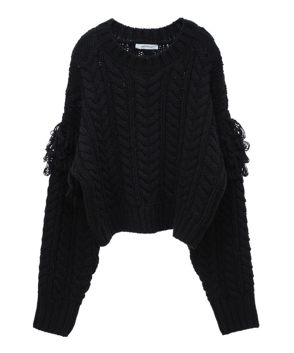 Green Parks フリンジスリーブショート丈ケーブルニット 