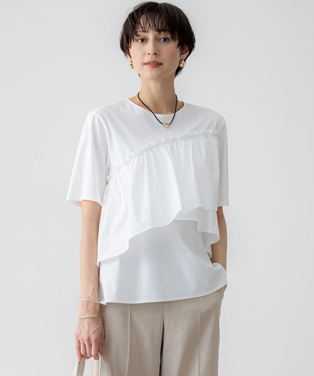 23区 【汗じみ防止/洗える】ランダムフリルジャージー ドッキング カットソー 