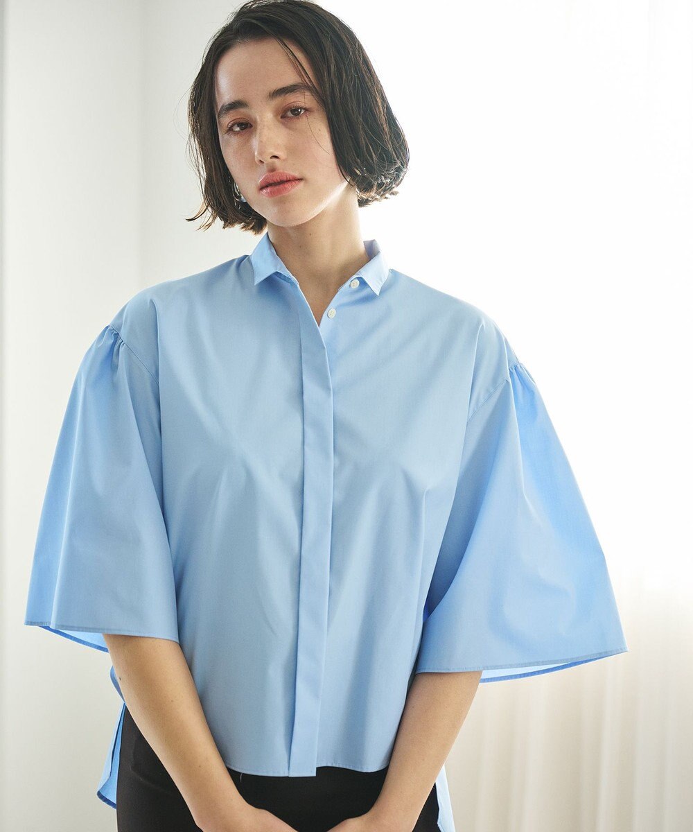 #Newans 【洗濯機可能/シワになりにくい】〈お尻・太ももをカバー〉フレアスリーブイタリアンカラーシャツ 