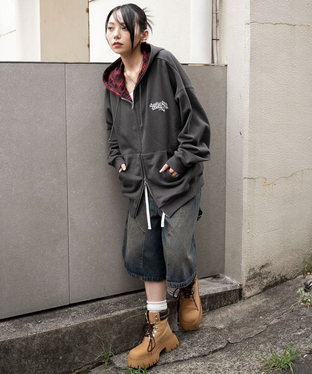 WEGO 【ユニセックス着用ITEM/MLサイズ展開】チェックZIPパーカー 