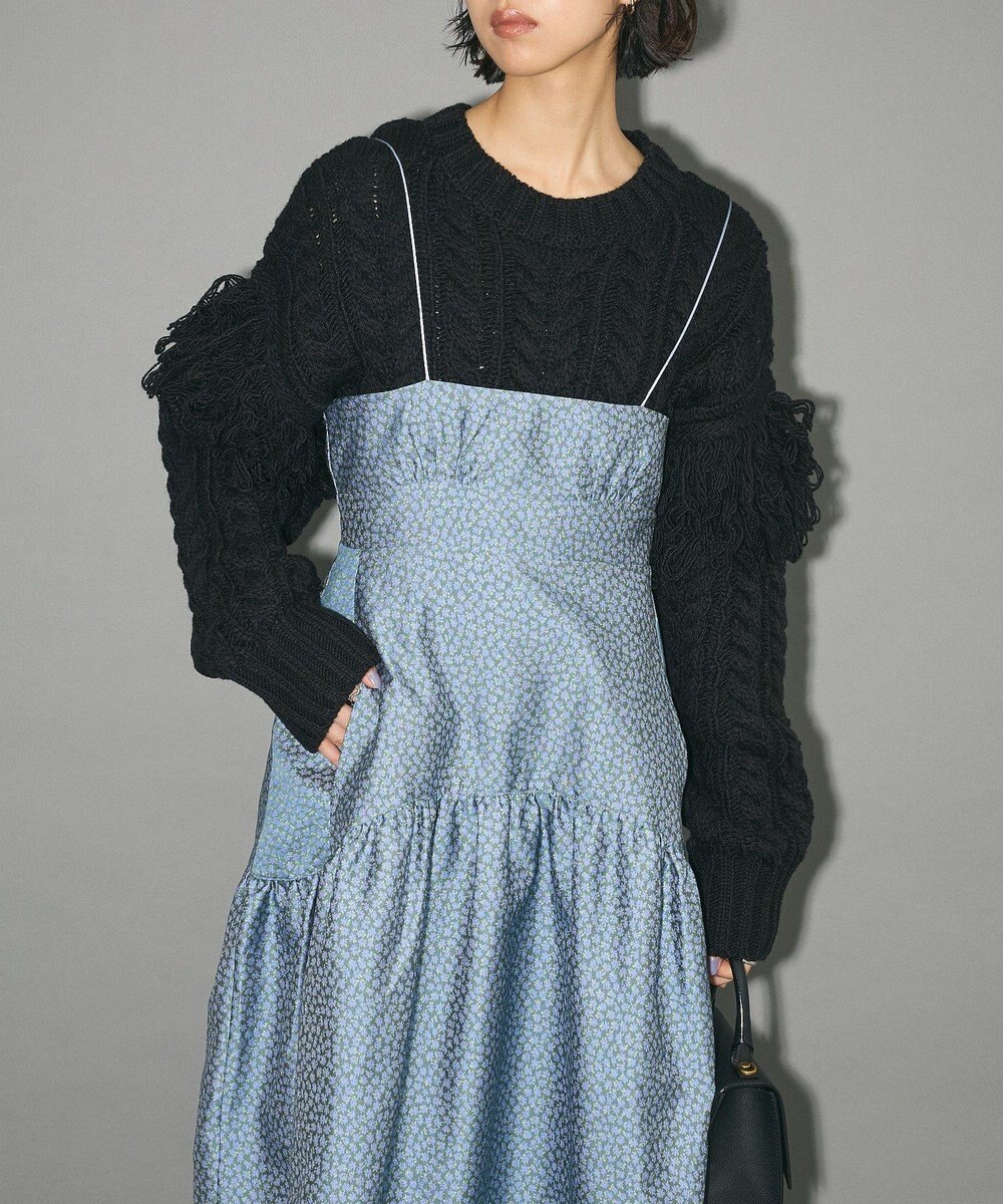 Green Parks フリンジスリーブショート丈ケーブルニット 