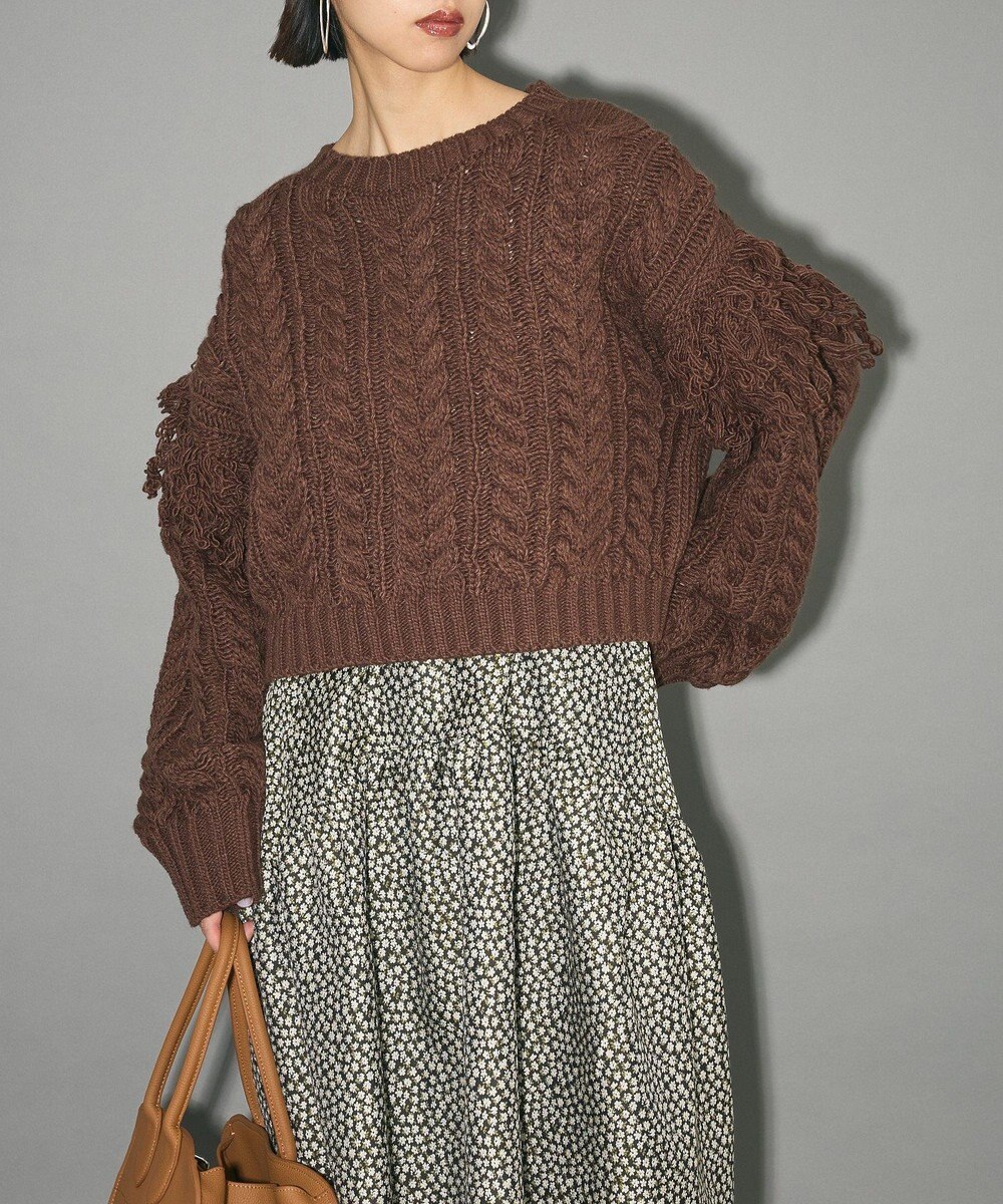 Green Parks フリンジスリーブショート丈ケーブルニット 