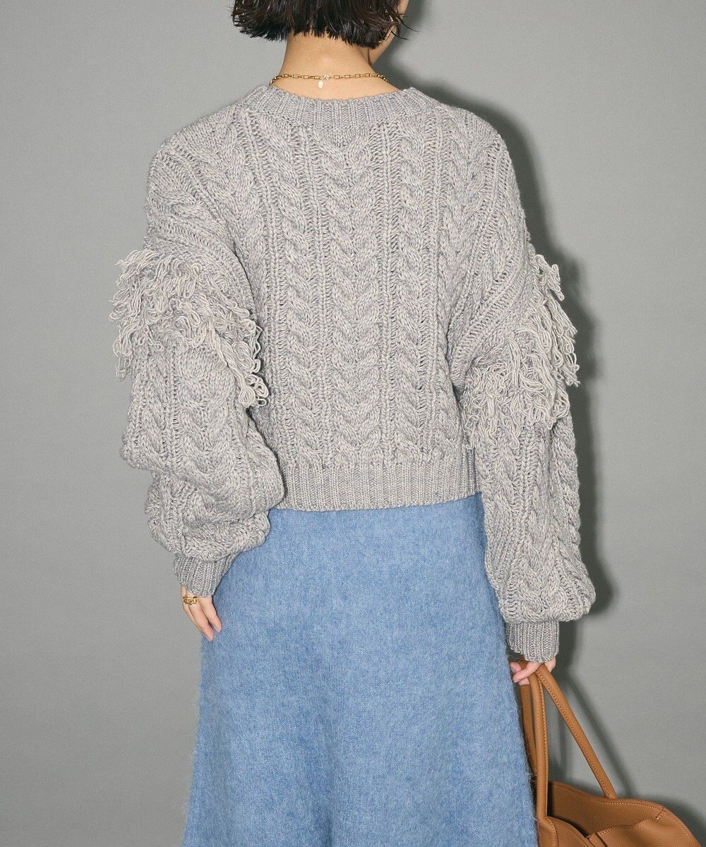 Green Parks フリンジスリーブショート丈ケーブルニット 