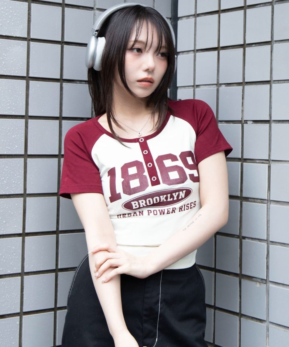 WEGO グラフィックラグランヘンリーネックT 
