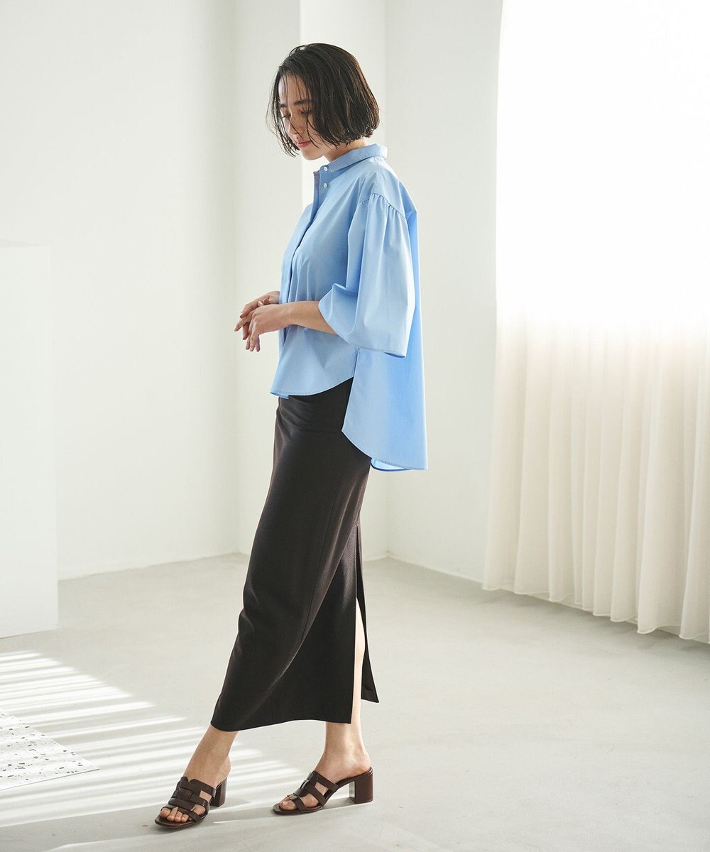 #Newans 【洗濯機可能/シワになりにくい】〈お尻・太ももをカバー〉フレアスリーブイタリアンカラーシャツ 