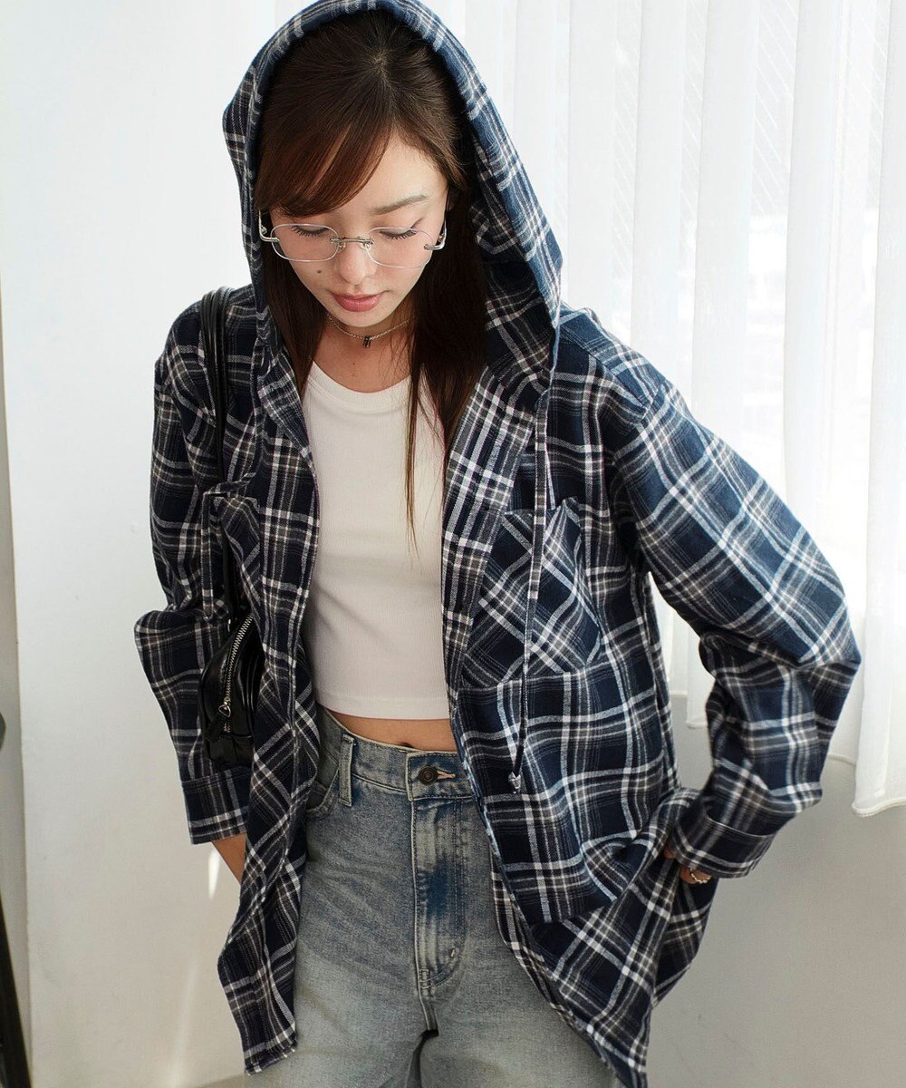 WEGO 【25年秋冬新作】チェックフードBIGネルシャツ 