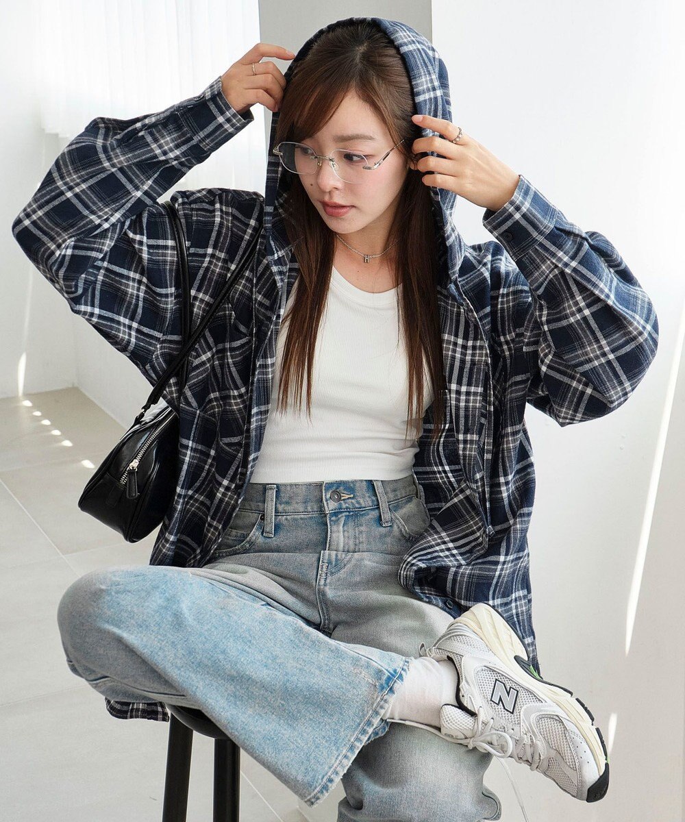 WEGO 【25年秋冬新作】チェックフードBIGネルシャツ 