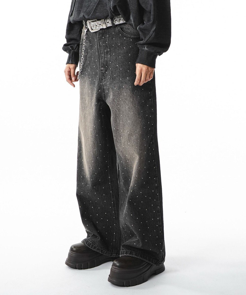 WEGO 【ユニセックス着用ITEM】スーパーバギーラインストーンデニムパンツ 