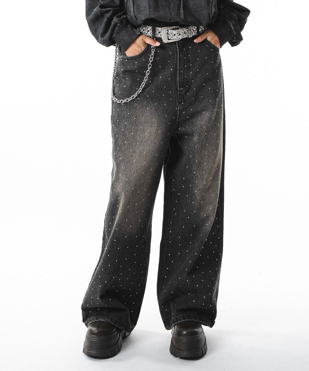 WEGO 【ユニセックス着用ITEM】スーパーバギーラインストーンデニムパンツ 