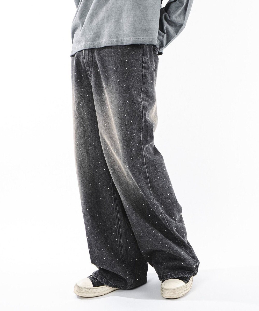 WEGO 【ユニセックス着用ITEM】スーパーバギーラインストーンデニムパンツ 