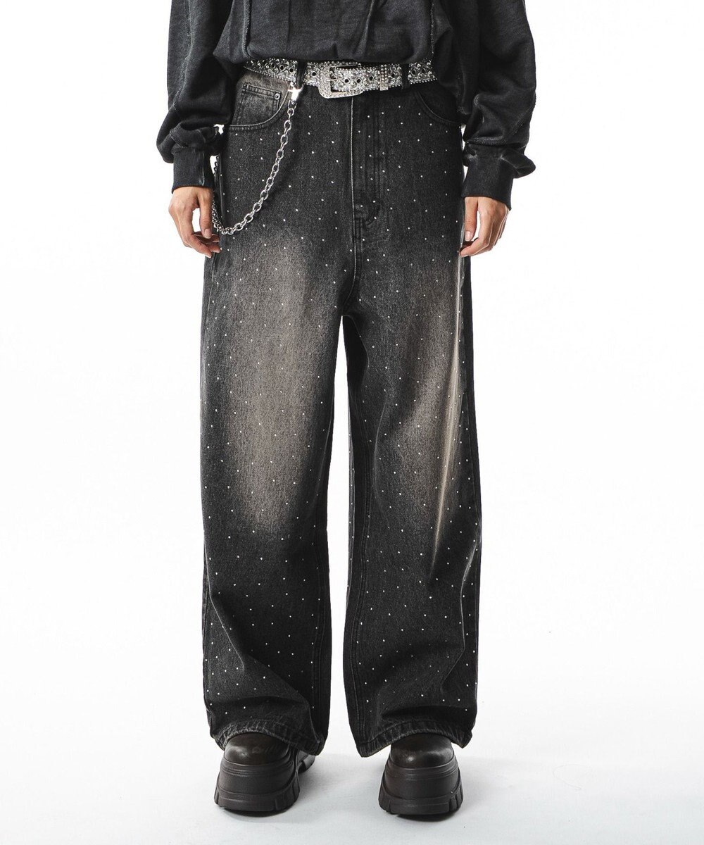 WEGO 【ユニセックス着用ITEM】スーパーバギーラインストーンデニムパンツ 