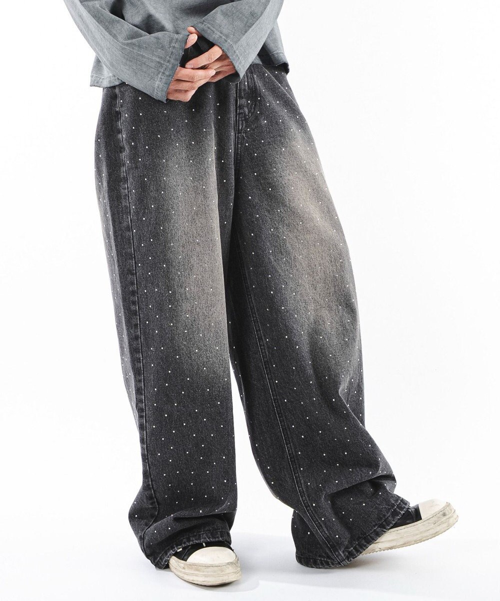 WEGO 【ユニセックス着用ITEM】スーパーバギーラインストーンデニムパンツ 