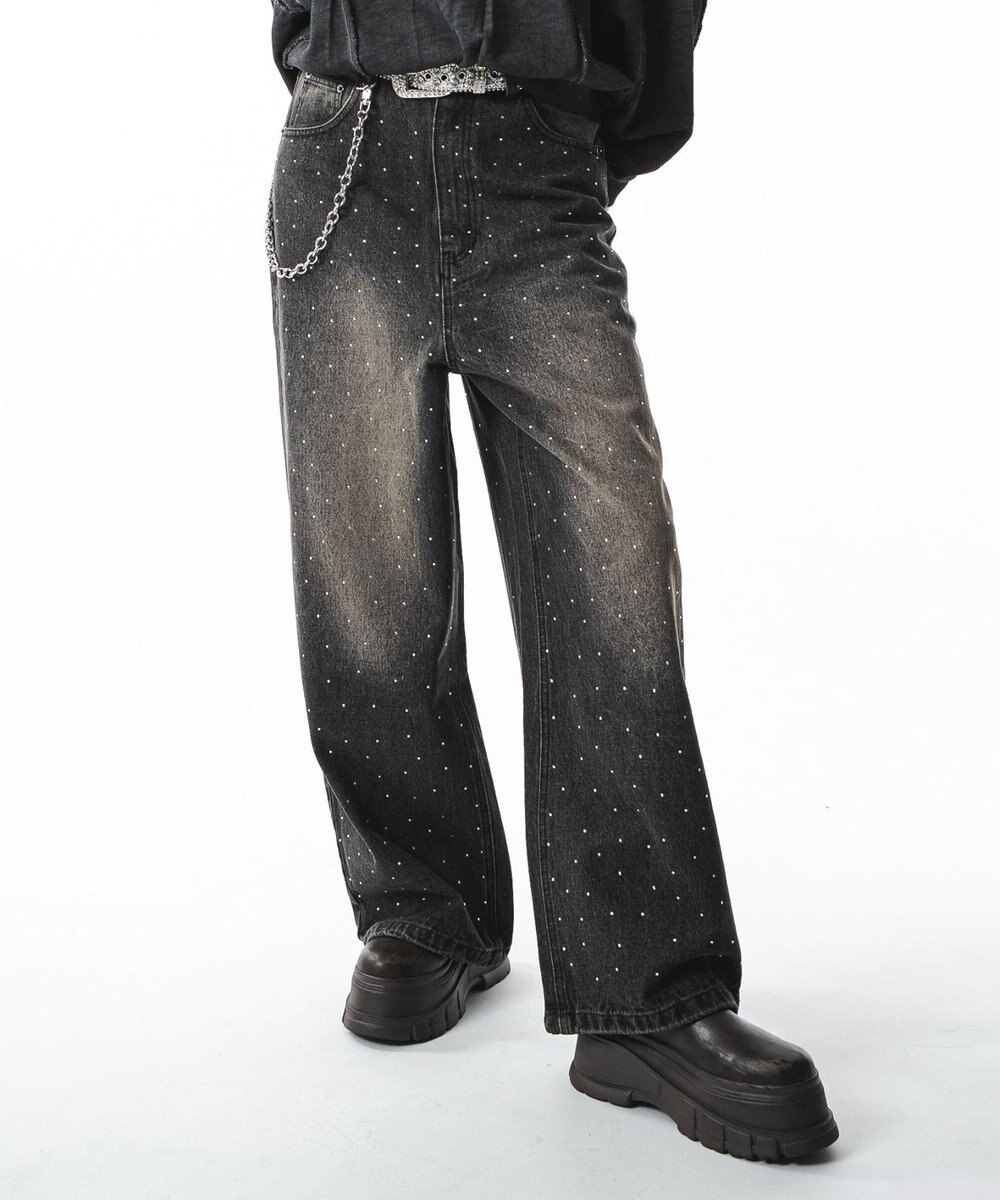 WEGO 【ユニセックス着用ITEM】スーパーバギーラインストーンデニムパンツ 